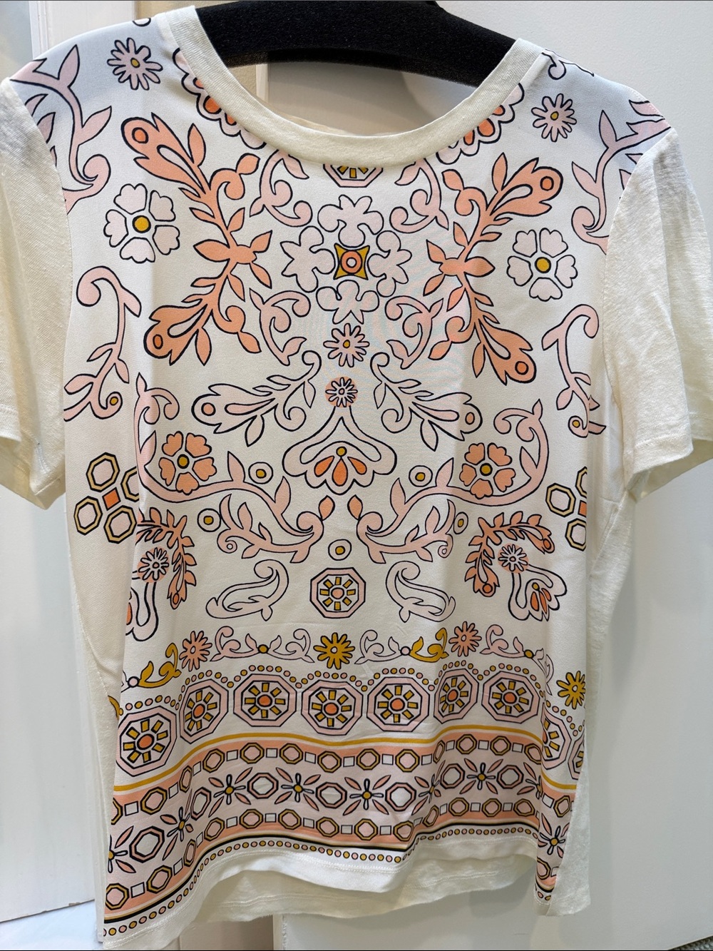Tory Burch cream color  Short Sleeve Tee with Peach and Yellow Floral Print